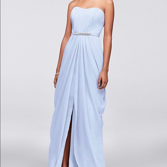 strapless chiffon bridesmaid dress with swag skirt